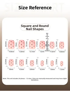 Size chart for squoval press-on nails with 12 dimensions from 7.2mm to 14.8mm width