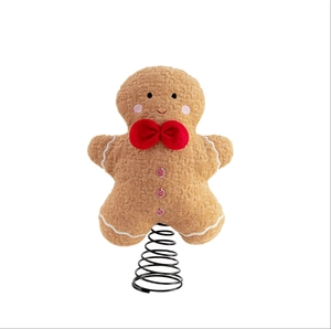 Gingerbread man plush Christmas tree topper with red bowtie and spring base