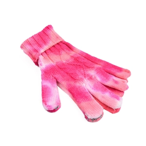 Close-up of pink and orange tie-dye knit winter gloves with conductive touchscreen fingertips