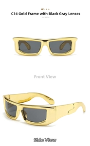Detailed front and side views of Y2K gold square sunglasses with dark grey lenses