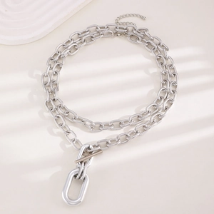 Silver double layer chain necklace with OT buckle and large oval pendant detail