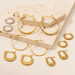 Stainless Steel Hoop Earrings 18K Gold Plated Textured Relief U Shaped Minimalist Vintage Huggie Jewelry For Women