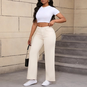 Jean chic à taille haute et jambe large pour femme en beige avec imprimé d'étoiles
