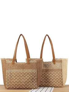 Damen Mode Gewebte Papier Stroh Tragetasche Große Kapazität Ajouré Strand Urlaub Schultertasche Mit PU Ledergriffen