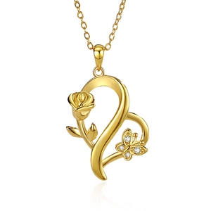 S925 silver heart necklace with gold rose and crystal butterfly pendant