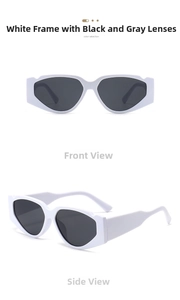 Front and side views of chunky white cat-eye sunglasses with dark grey lenses