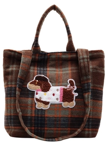 Brown plaid wool tote bag with cute cartoon dachshund embroidery for autumn and winter