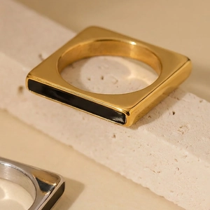 Minimalist square geometric ring in 18k gold plated stainless steel with black enamel inlay