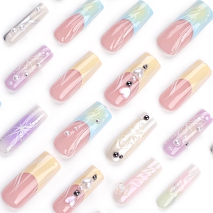 French 3D gradient press-on nails with butterflies, pearls, and macaron colors