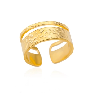 18k gold plated double layer hammered ring with adjustable open band for women and men