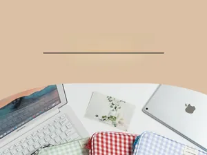 Detail of colorful plaid tablet sleeves in red, blue, and green woven fabric with brand tags