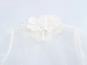 Detail view of 3D floral accents on a white sheer organza blouse with delicate petals