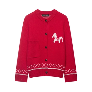 Cardigan In Maglia Da Donna Rosso Ricamo Cavallo Motivo Argyle Collo Rotondo Manica Lunga Maglione