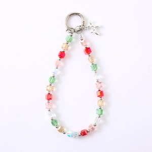 Colorful beaded phone lanyard with multi-color faceted beads and metal dog charm pendant