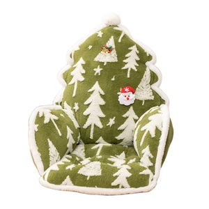 Thick plush Christmas tree seat cushion with forest green fabric and soft white trim