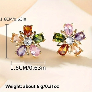 Detail view of gold flower stud earrings with colorful cubic zirconia and dimensions