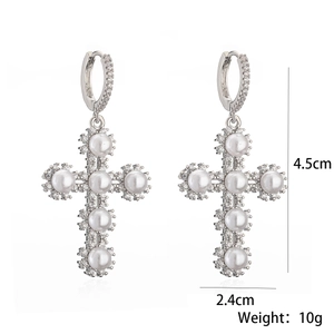 Elegant silver cross earrings with pearls and zircons, dimensions 4.5cm by 2.4cm