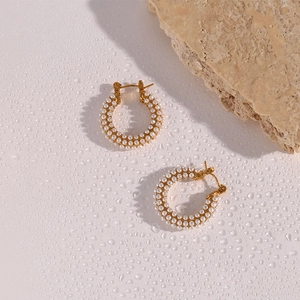 Elegant 18K gold plated hoop earrings with three rows of white pearls and water droplets