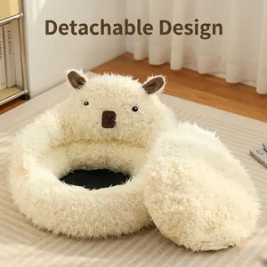 Cute capybara shaped pet bed for cats and dogs made of soft plush with a removable cushion