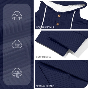 Men's navy blue jacquard hoodie featuring collar details and breathable textured fabric