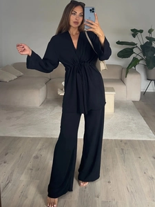 Women's black long sleeve tie-waist top and wide-leg pants two-piece lounge set