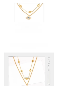 Detailed view of titanium steel layered necklace with blue zircon evil eye pendants