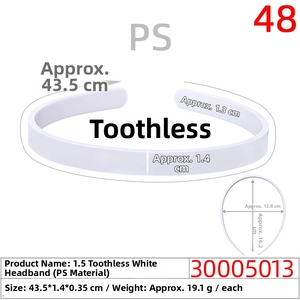 Detailed view of white PS plastic headband showing 1.4cm width and 43.5cm circumference