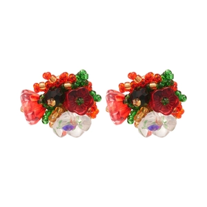 Floral beaded earrings with red and green crystals, handmade elegant silver needle studs