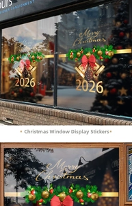 Detail of Merry Christmas static stickers featuring gold 2026 and festive bells on glass