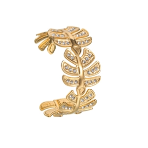 Minimalist 18k gold plated stainless steel leaf ring with sparkling crystals on white background