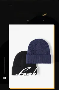 Detailed view of thick cable knit texture and folded cuff on navy blue beanie hat