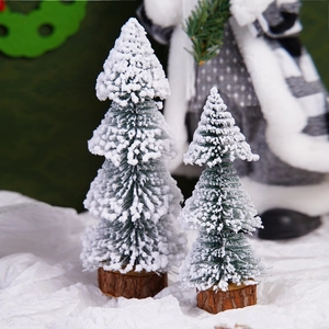 Set of two mini flocked Christmas trees with snow effect and natural wooden base