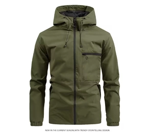 Detail of army green outdoor jacket featuring hood and secure zippered chest pocket