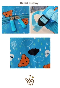Detail of blue toddler backpack with bear prints, mesh back and durable rubber zippers