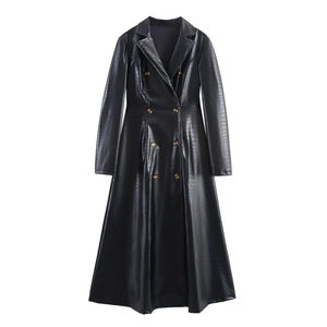 Women's black long PU leather trench coat with crocodile texture and double-breasted buttons