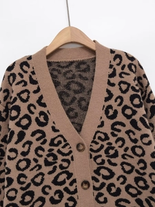Close-up of leopard print knit fabric and brown resin buttons on V-neck cardigan