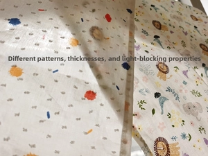 Detail comparing two fabrics showing different patterns, thickness, and light shielding performance