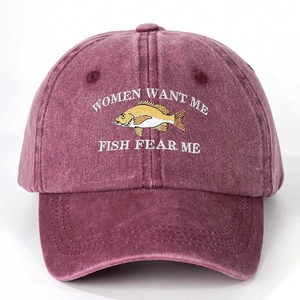 Close-up of the vintage washed burgundy baseball cap featuring Fish Fear Me embroidery