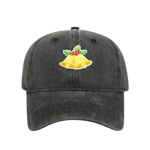 Distressed dark grey cotton baseball cap with embroidered Christmas bells for men and women