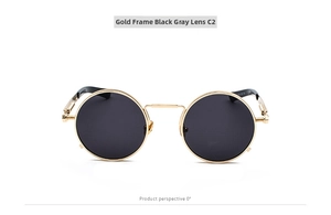 Front view of steampunk round sunglasses with gold metal frames and dark gray lenses