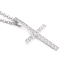Silver stainless steel hip hop cross necklace with sparkling crystal rhinestones