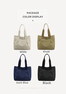 Detailed grid view of minimalist canvas tote bags in white, khaki, navy, and black colors
