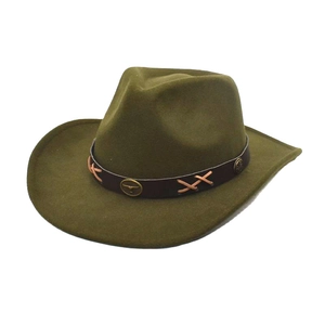 Close-up of olive green wool fedora with leather band and metal bull head emblem