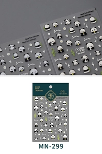 Detail of MN-299 panda nail stickers with cute cartoon designs and green bamboo motifs