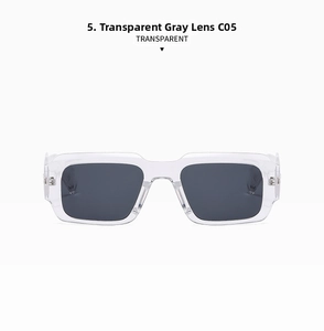 Detail view of transparent grey square frame sunglasses with code C05 and tinted lenses
