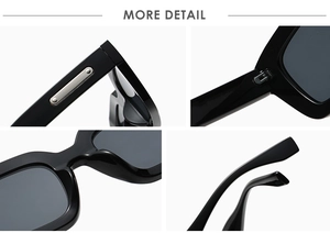Detail shots of black square sunglasses with silver metal trim and ergonomic nose pads