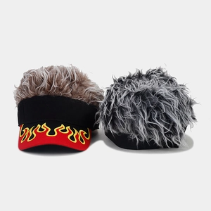 Detailed comparison of two novelty baseball caps with flame embroidery and shaggy wigs