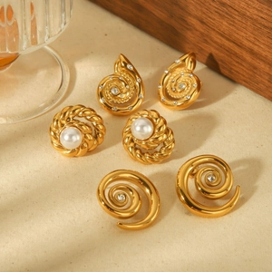 Vintage Stainless Steel Stud Earrings 18K Gold Plated Spiral Snail Shell Shape Artificial Pearl Zircon Elegant Jewelry For Women