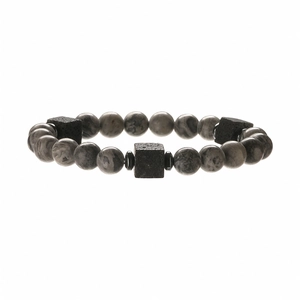 Detail of natural grey map stone beads and black lava rock square beads on bracelet