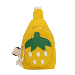 Cute strawberry-shaped lemon yellow canvas crossbody bag for little girls with green leaf detail